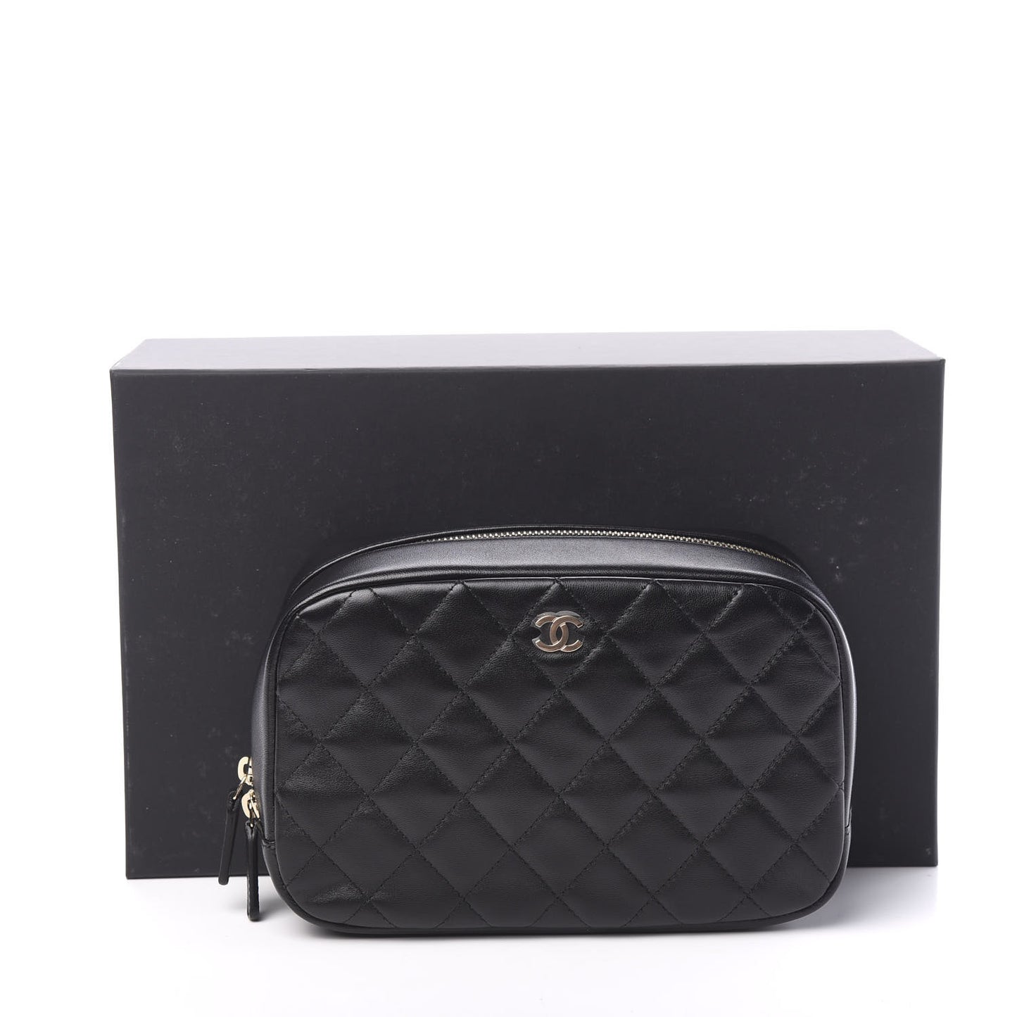 Lambskin Quilted Medium Curvy Pouch Cosmetic Case Black