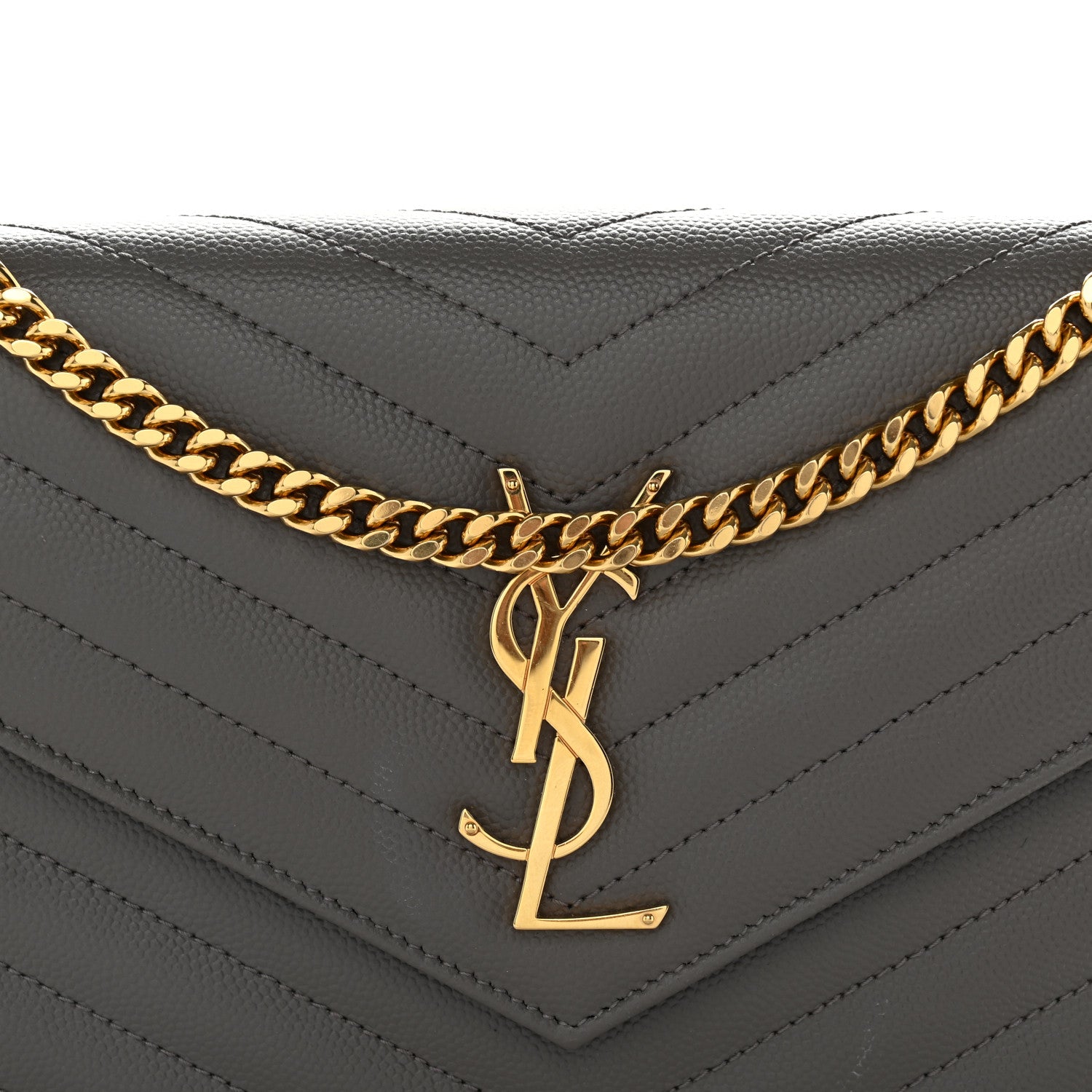 Saint Laurent Grain De Poudre Matelasse Chevron Monogram Chain Wallet Fog 8 of 11