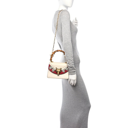 Gucci Goatskin Pearl Mini Fox Broche Bamboo Top Handle Bag Hibiscus Red Mystic White 2 of 10