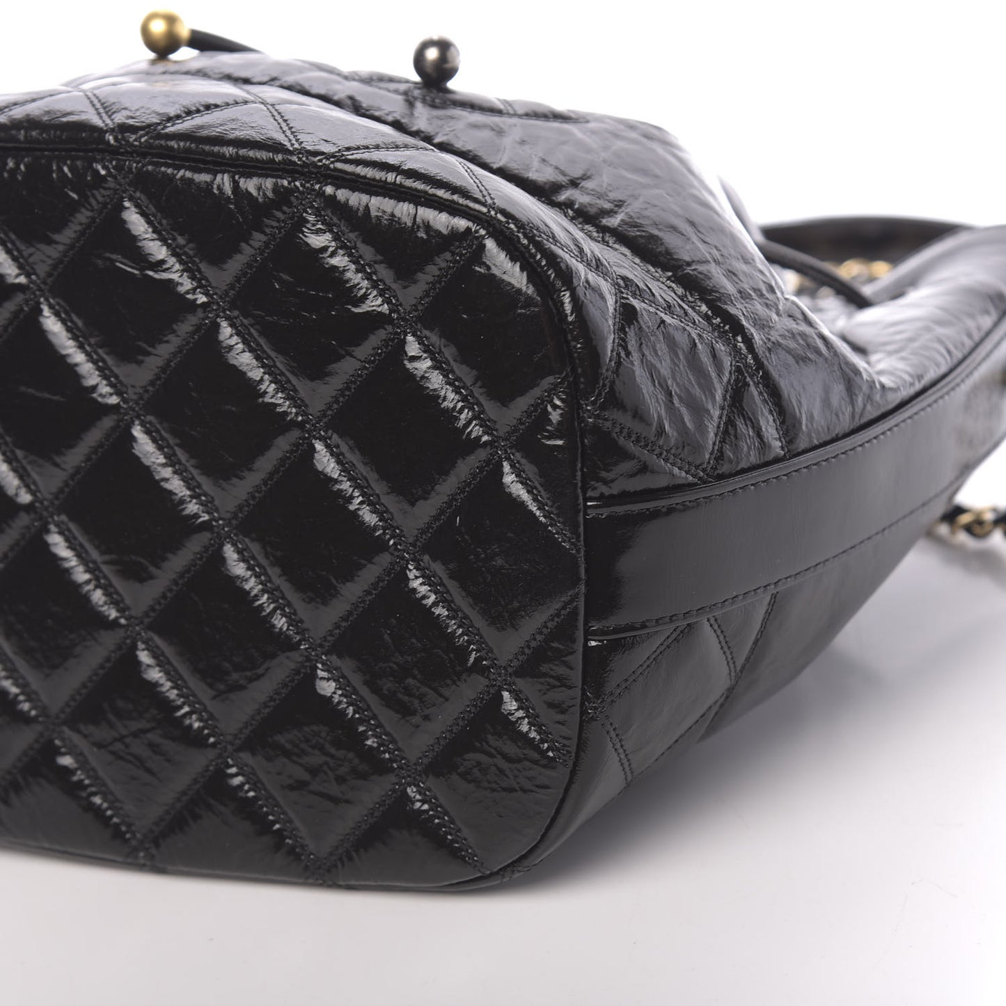 Shiny Aged Calfskin CC Chain Drawstring Bag Black