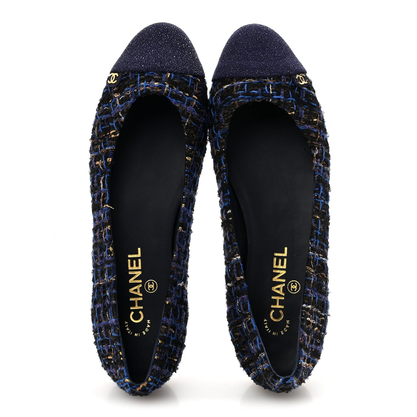 Tweed Lambskin Cap Toe Ballerina Flats 40 Navy Blue Black