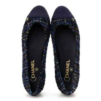 Chanel Tweed Lambskin Cap Toe Ballerina Flats 40 Navy Blue Black 2 of 10