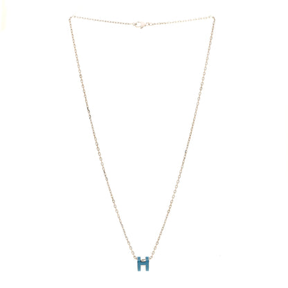 Hermes Lacquered Palladium Mini Pop H Pendant Necklace Bleu Jean 3 of 6