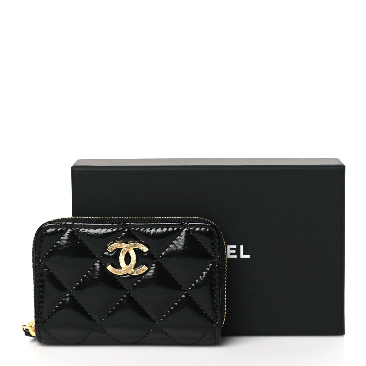 Shiny Lambskin Quilted Textured CC Zip Coin Purse Black
