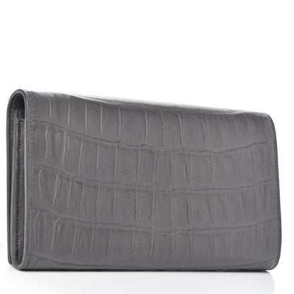 Saint Laurent Calfskin Crocodile Embossed Classic Large Flap Wallet Fog 3 of 7