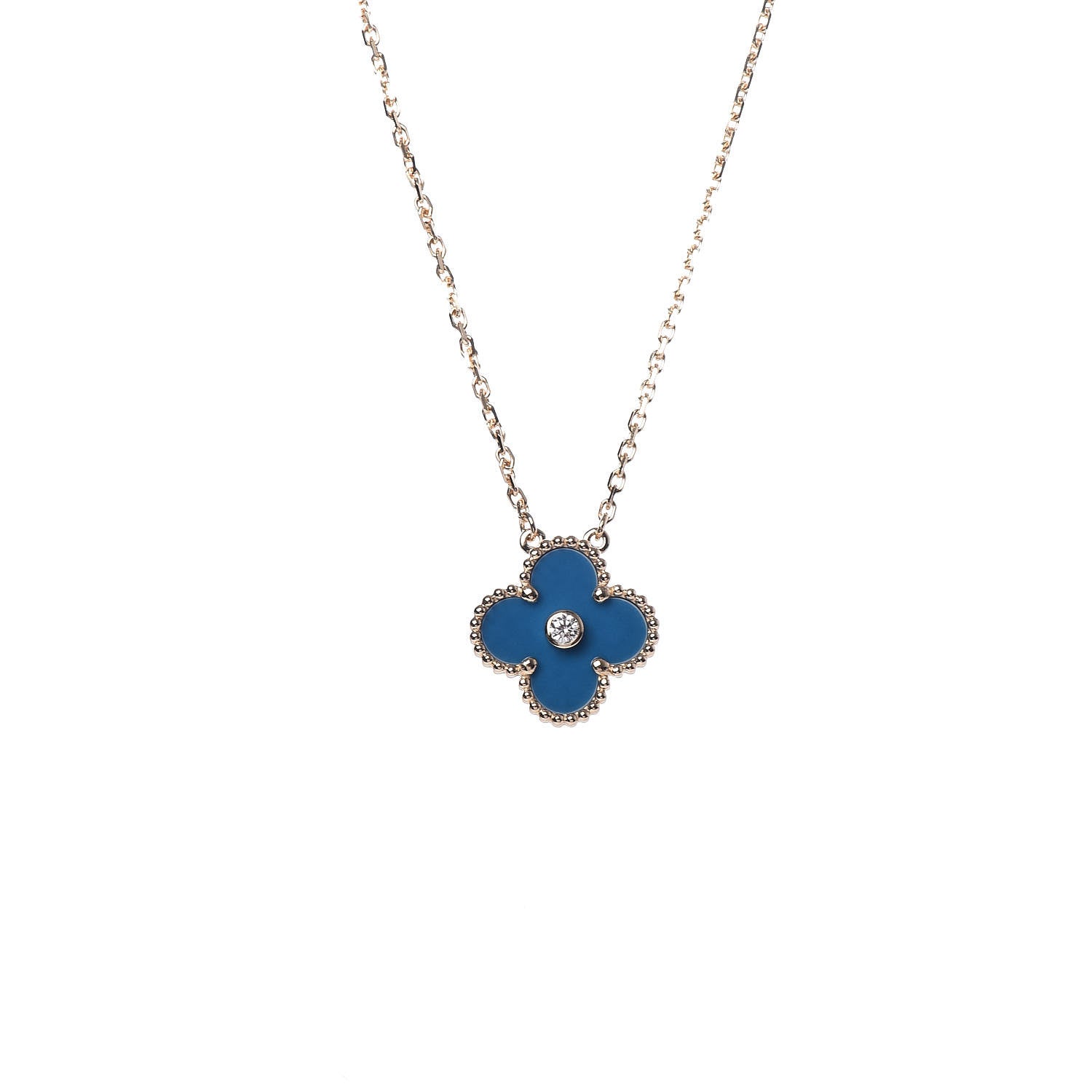 Van Cleef & Arpels 18K Yellow Gold Diamond Celestial Blue Sevres Porcelain Vintage Alhambra Pendant Necklace 4 of 9