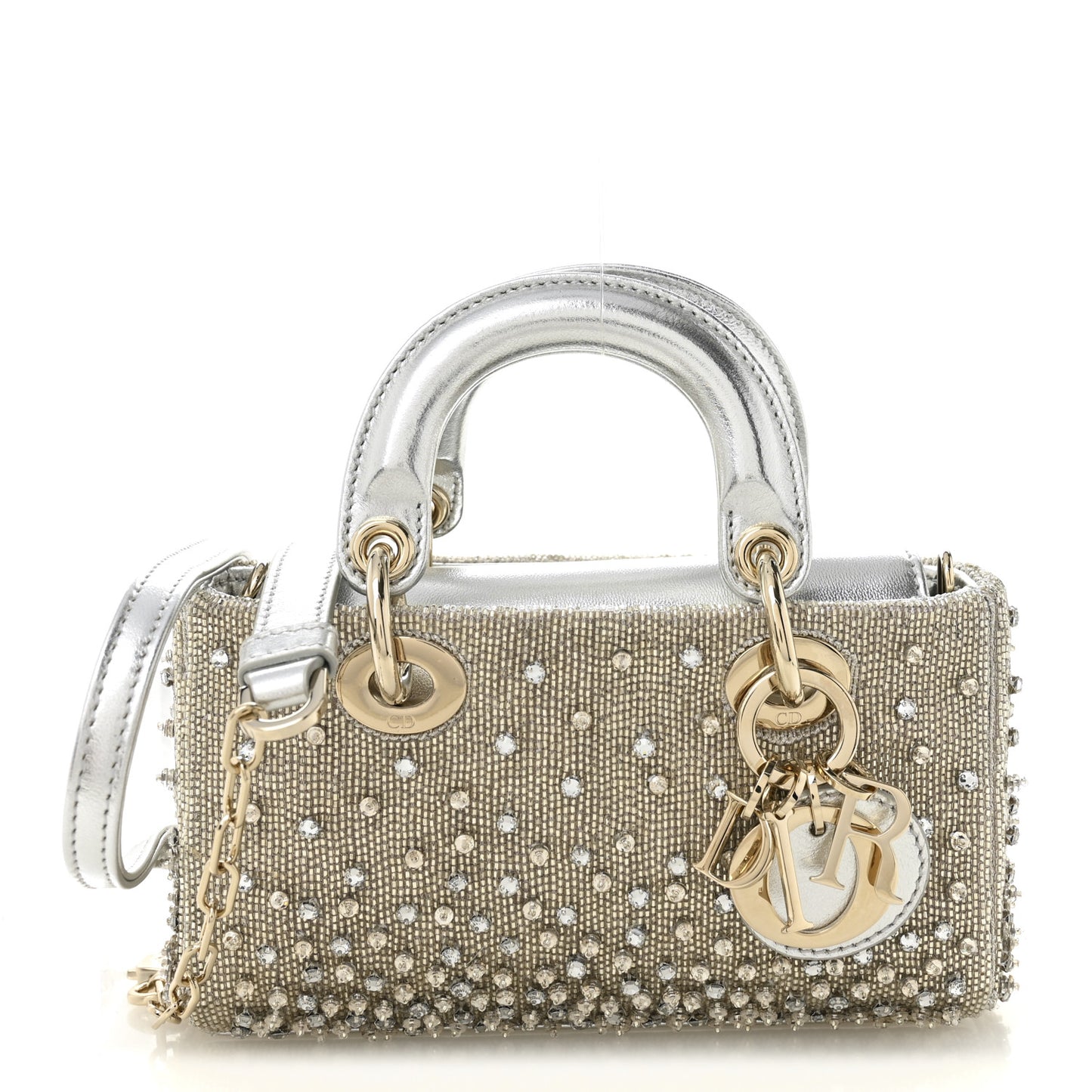 Metallic Lambskin Crystal Beaded Embroidered Micro Lady D-Joy Silver