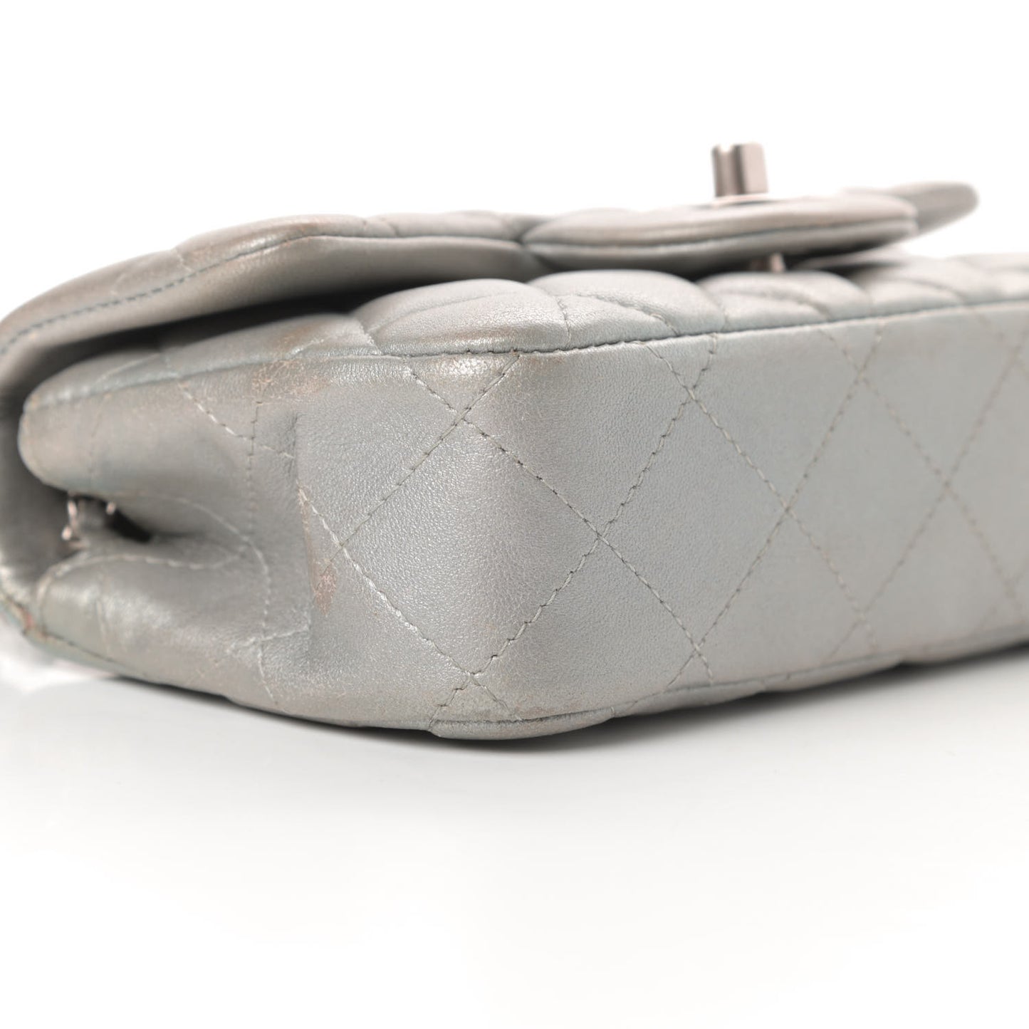 Metallic Lambskin Quilted Extra Mini Rectangular Flap Silver