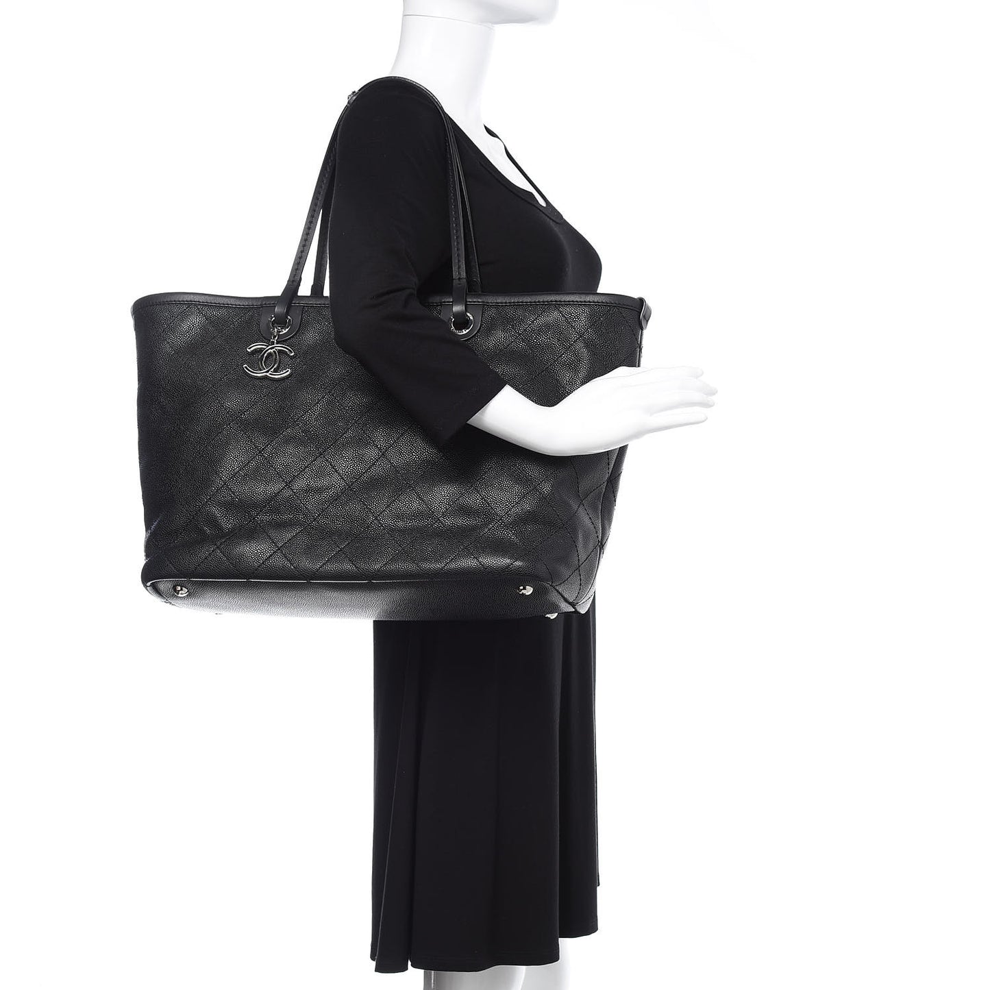 Grained Calfskin Large Shopping Fever Tote Black