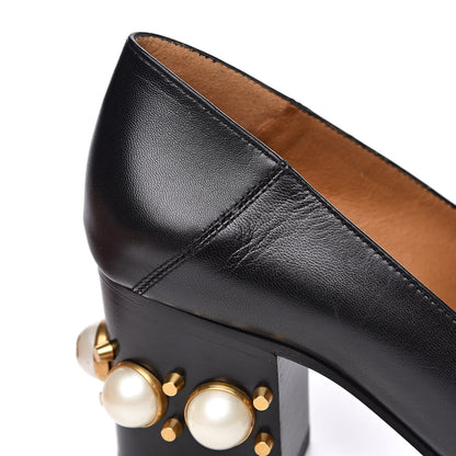 Gucci Malaga Kid Web Pearl Embellished Peyton 75mm Loafer Pumps 35.5 Black 9 of 10