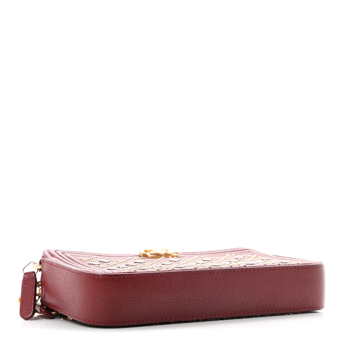 Grained Calfskin Studded Small Boy Clutch With Chain Dark Red