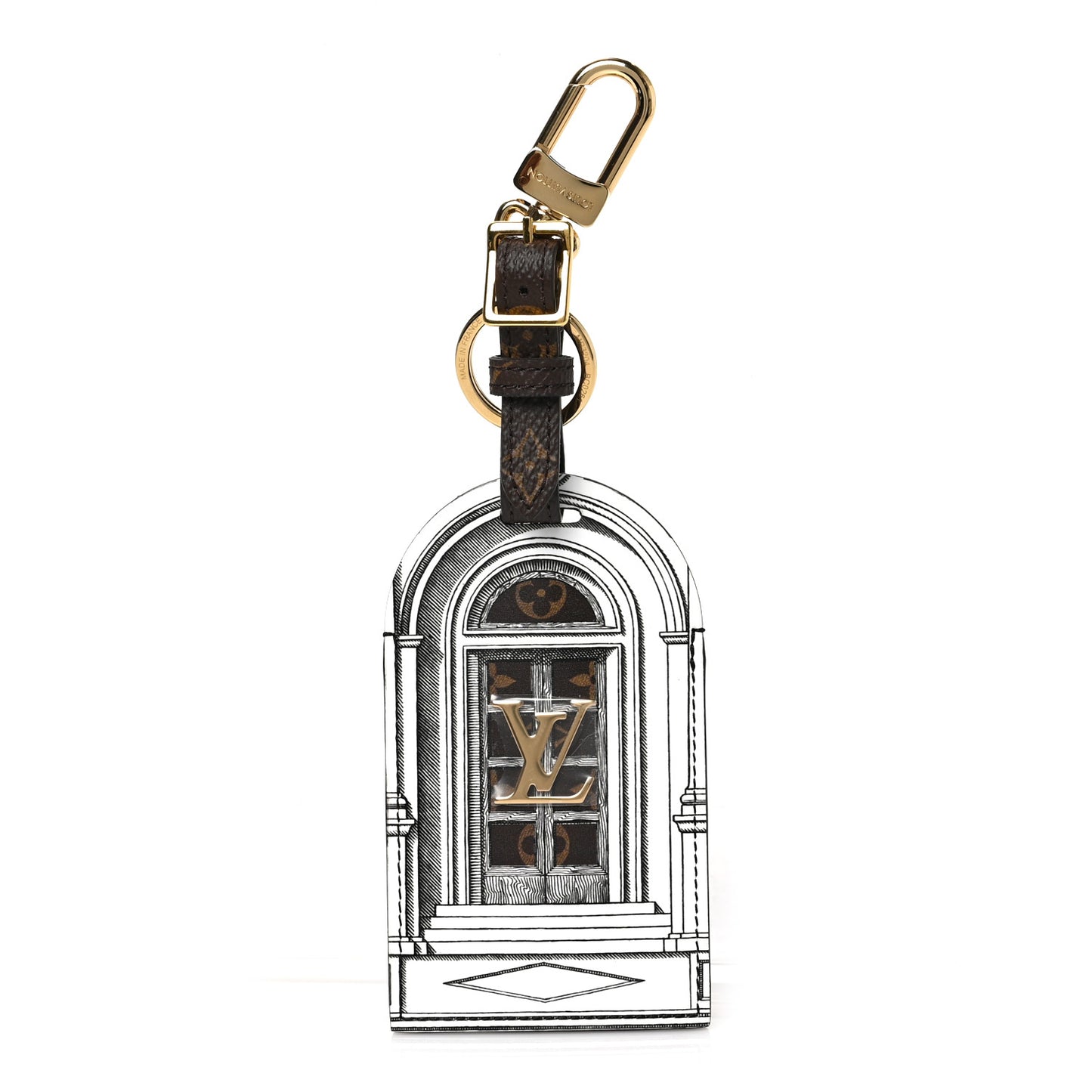 X FORNASETTI Calfskin Architettura Luggage Tag Bag Charm Key Holder Black White