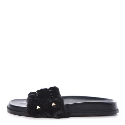 Valentino Garavani Mink Fur Rockstud Slide Sandals 38 Black 1 of 8