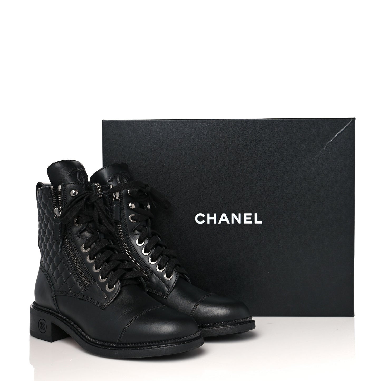 Calfskin Quilted Lace Up Combat Boots 38.5 Black