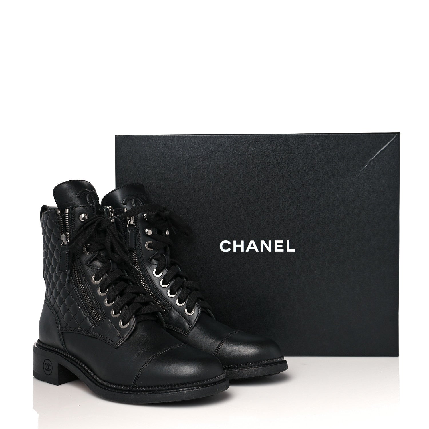 Chanel Calfskin Quilted Lace Up Combat Boots 38.5 Black 9 of 9