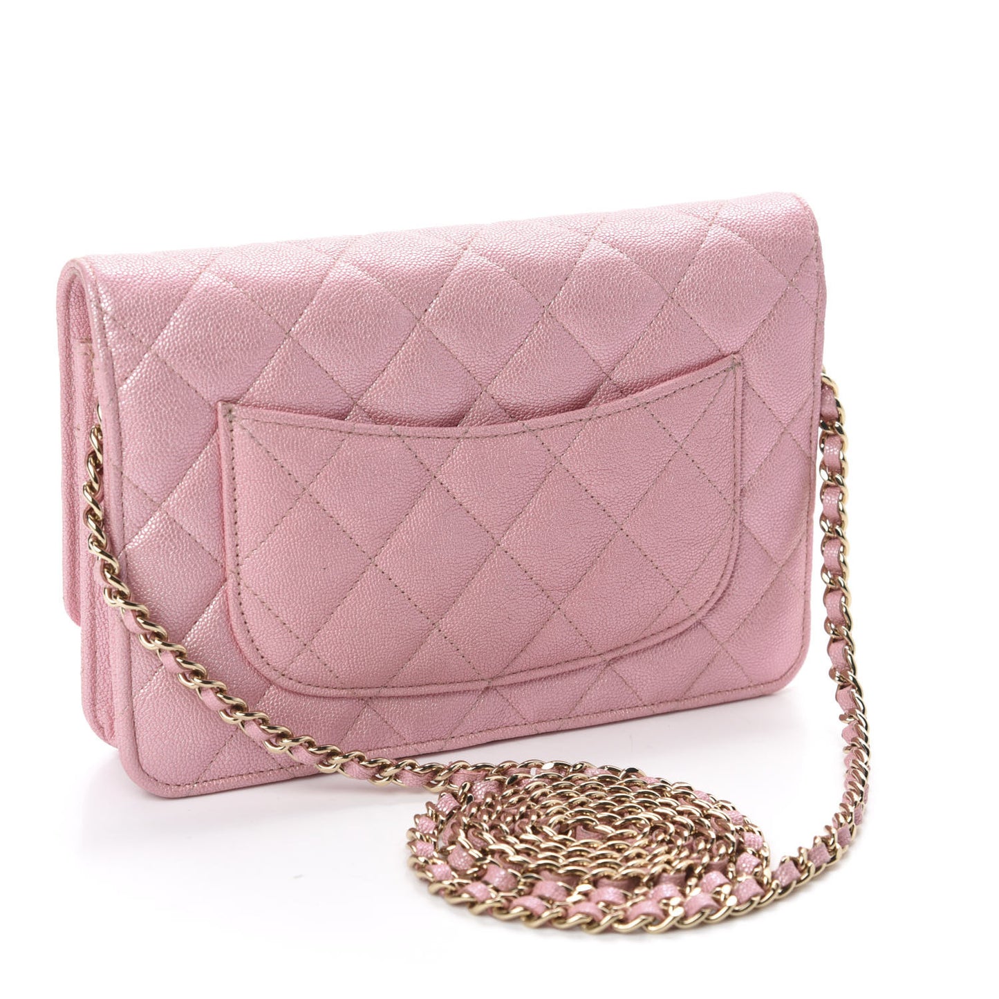 Iridescent Caviar Quilted Wallet on Chain WOC Rose Pink