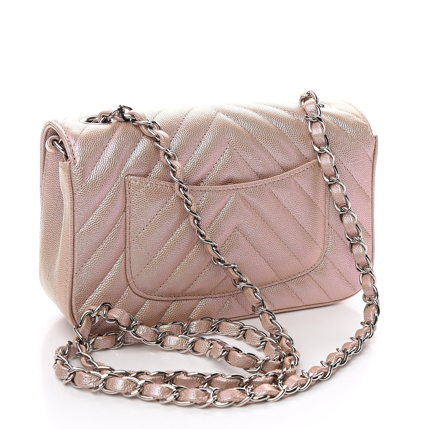 Iridescent Caviar Chevron Quilted Mini Rectangular Flap Light Gold