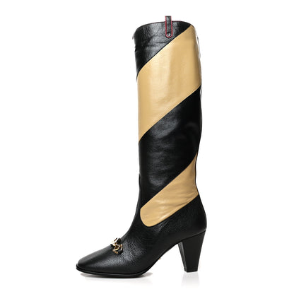 Gucci Calfskin Wrinkled Kid Diagonal Striped Zumi Knee Boots 39.5 Black Beige Romantic Cherry 1 of 7