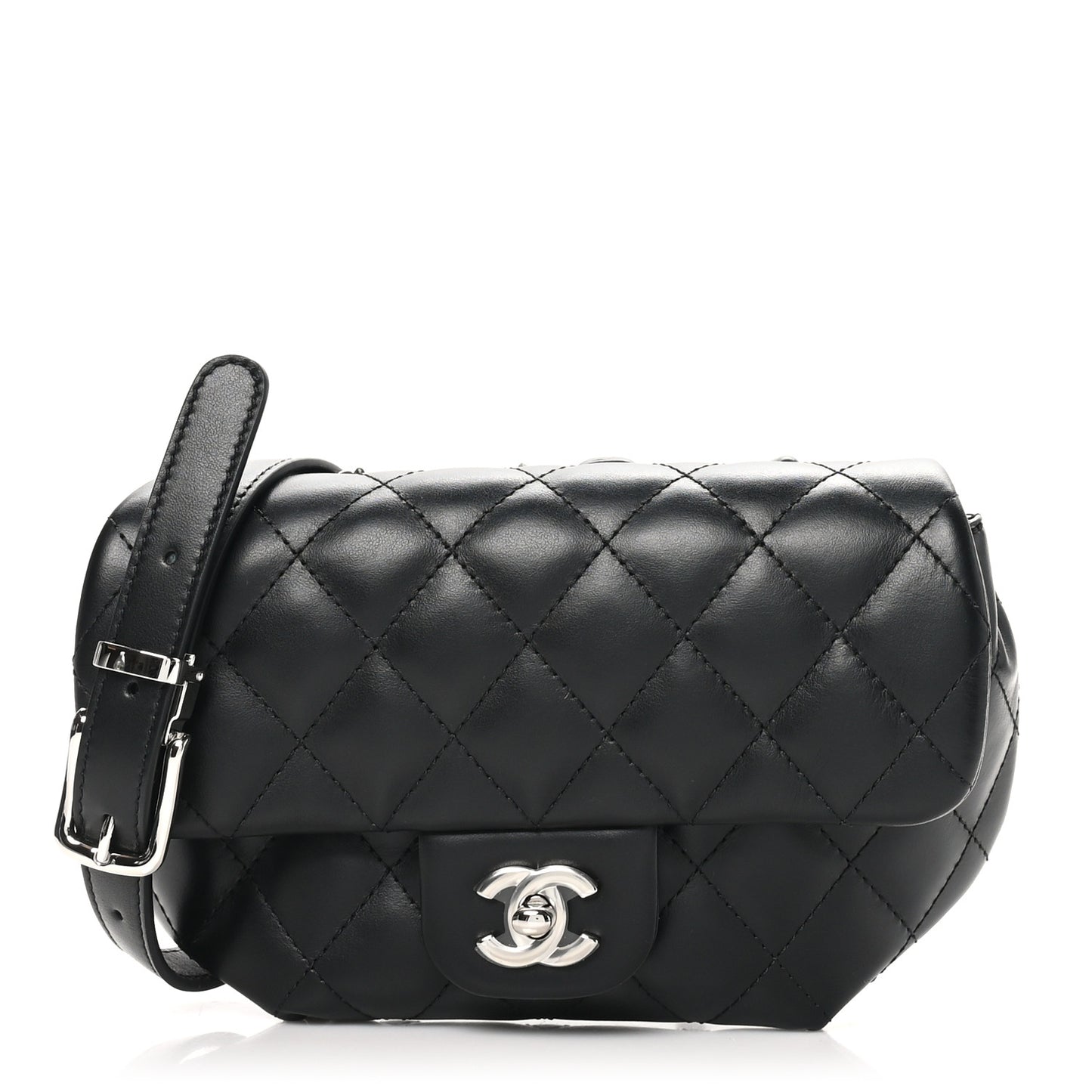 Calfskin Quilted CC Uniform Flap Belt Bag Black