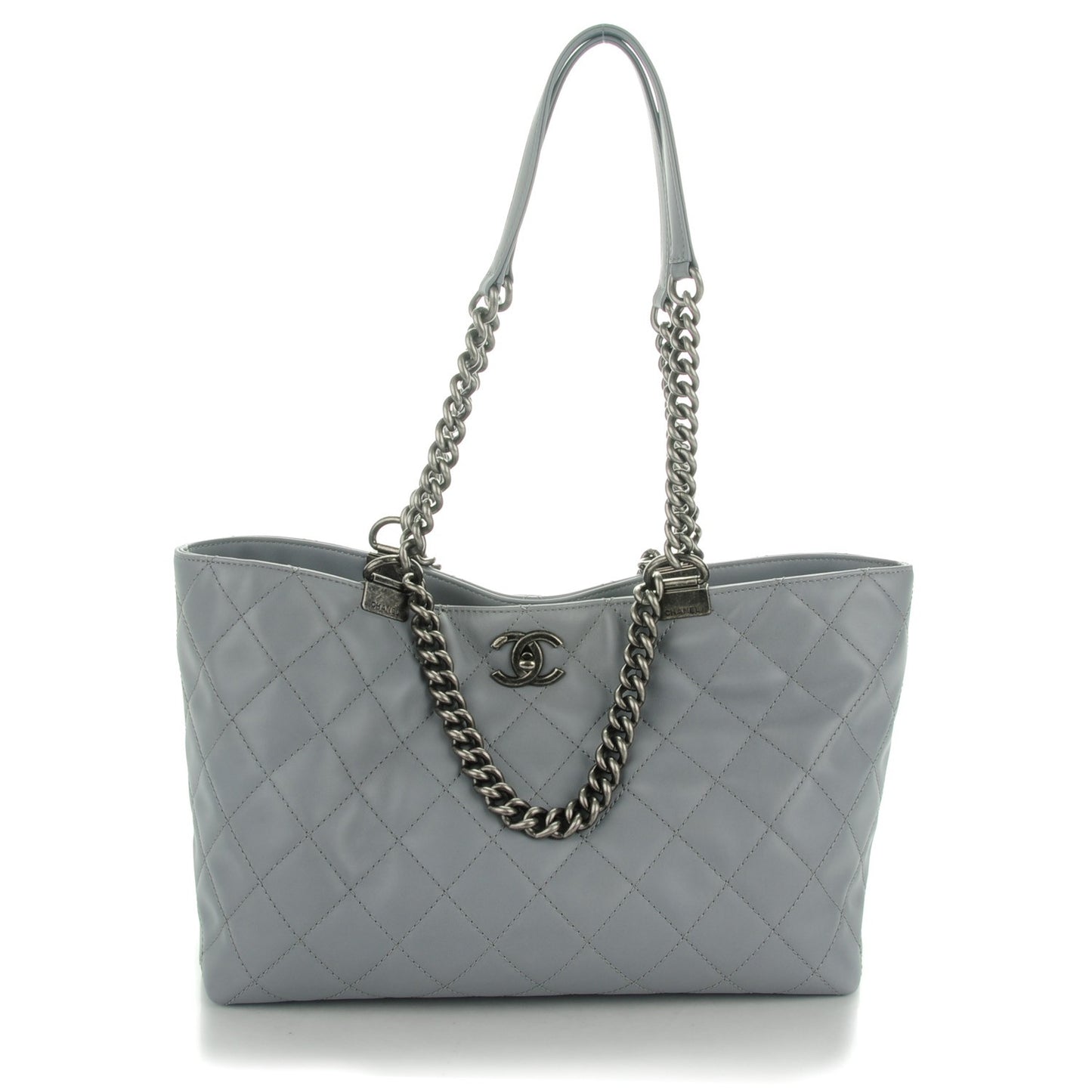 Calfskin Quilted Small Shopping In Chains Tote Light Grey