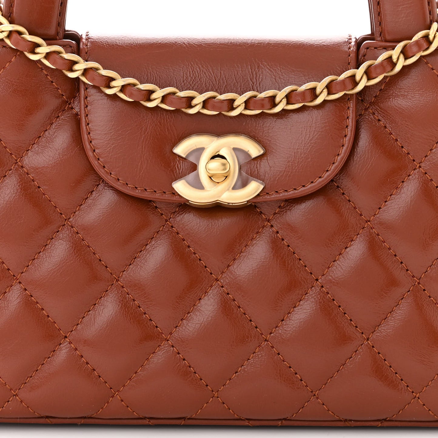 Shiny Aged Calfskin Quilted Nano Kelly Shopper Brown