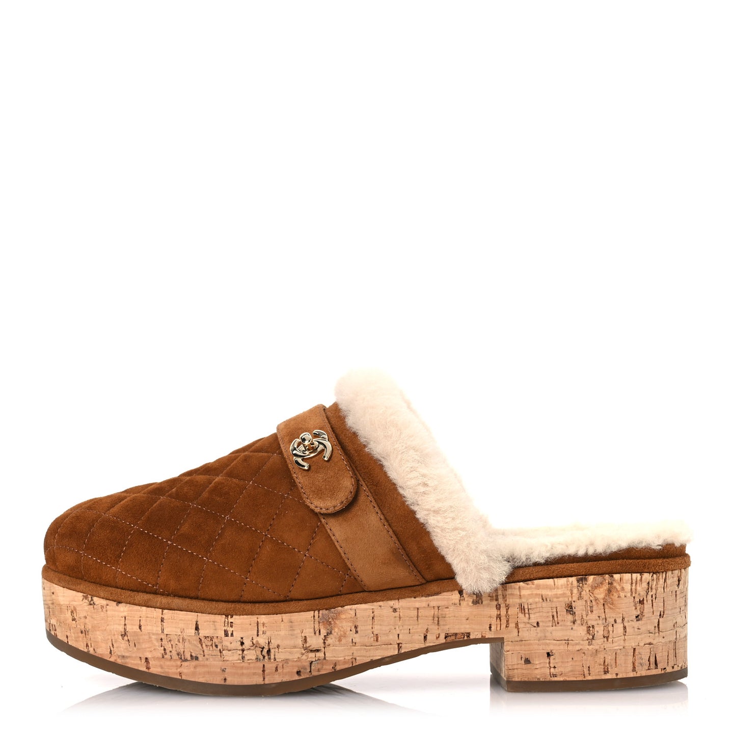 Suede Calfskin Shearling Turn Lock Clogs 40 Brown