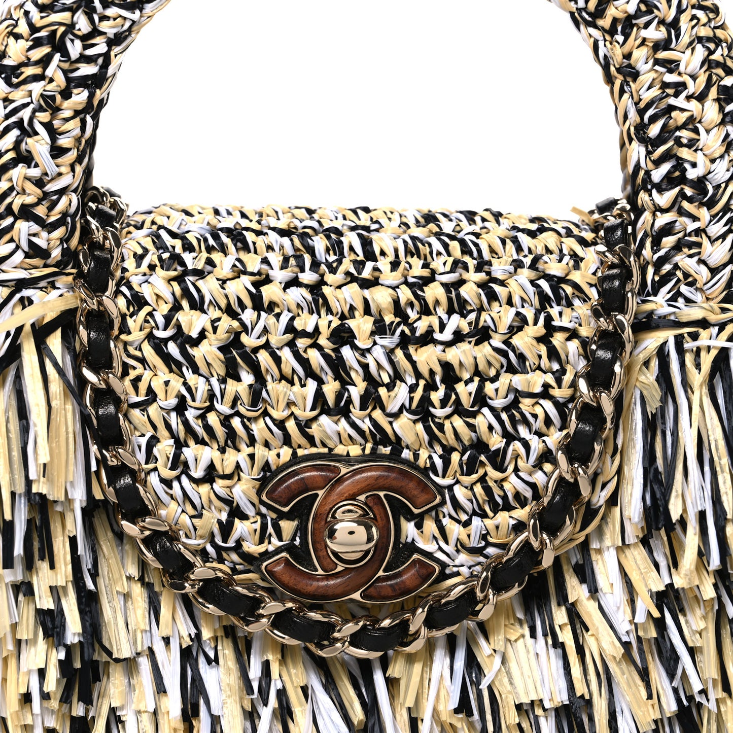Raffia Fringe Nano Kelly Shopper Black White Beige