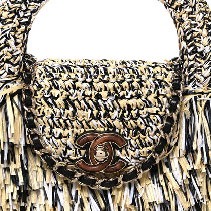 Chanel Raffia Fringe Nano Kelly Shopper Black White Beige 8 of 10