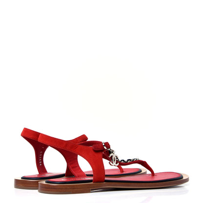 Chanel Suede Calfskin Chain CC Thong Sandals 38.5 Red 3 of 6