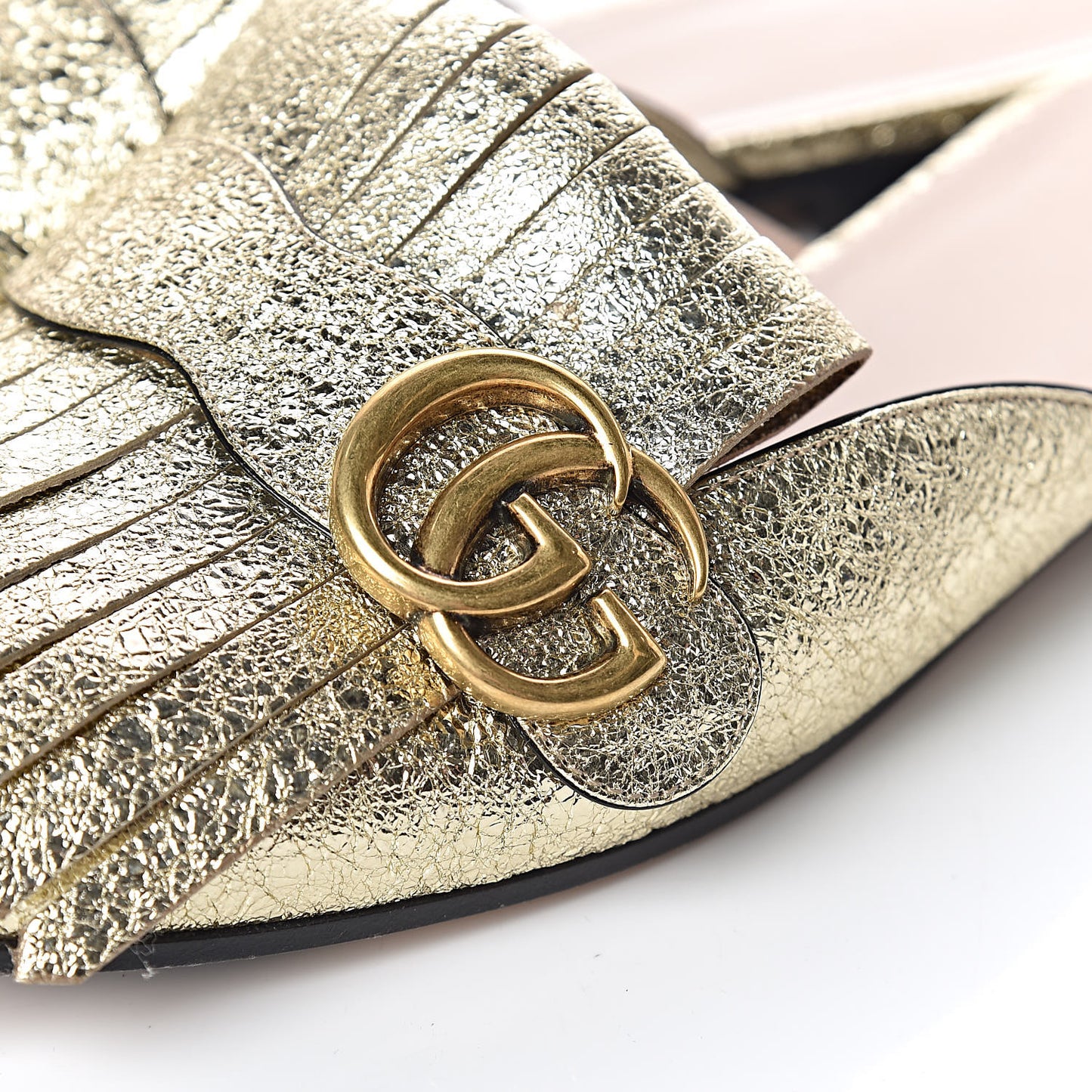 Galassia Womens GG Marmont Fringe Slippers 38.5 Platino