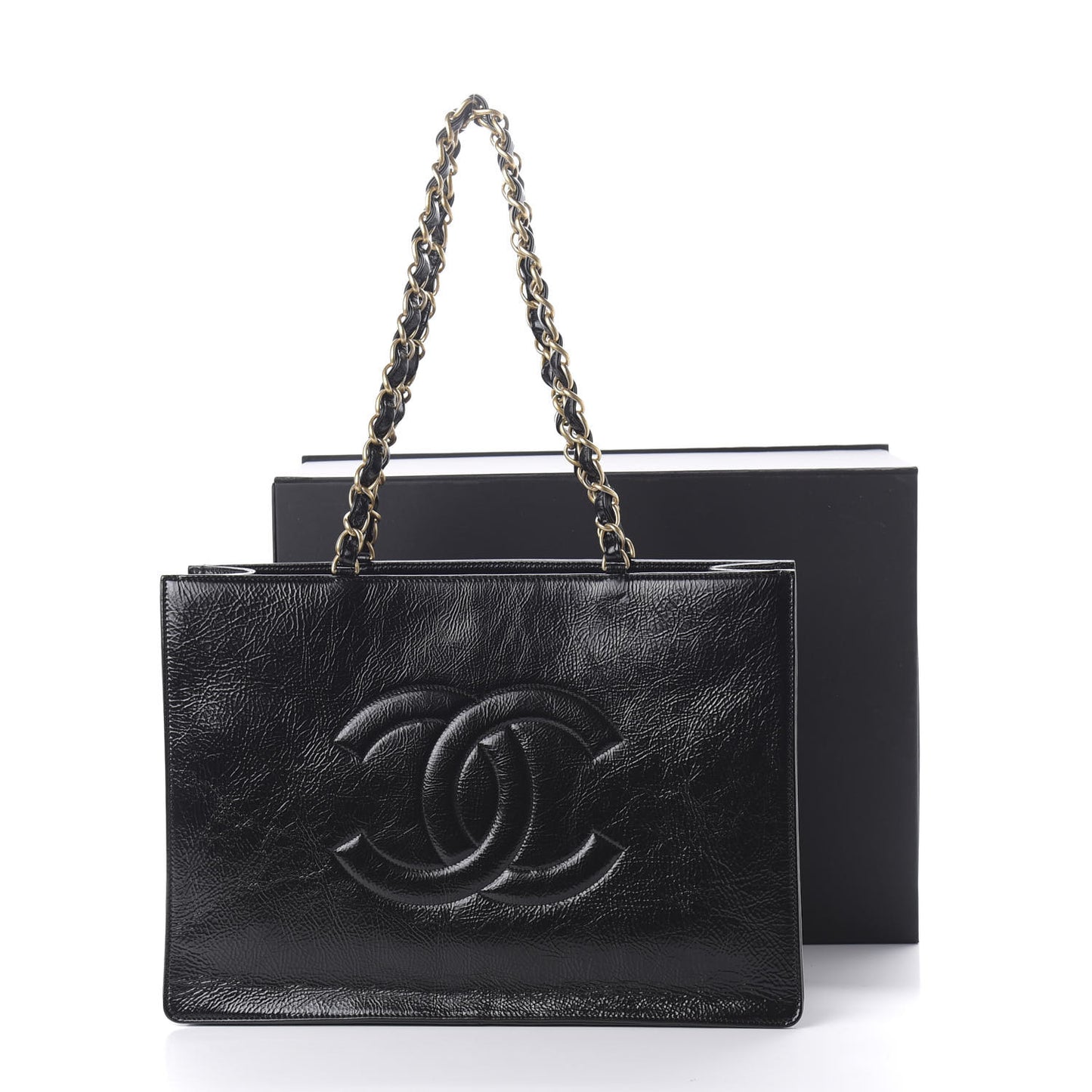 Shiny Aged Calfskin Shopping Bag Black