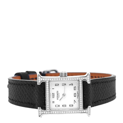 Hermes Stainless Steel Epsom Diamond Bezel Mother of Pearl 17.2mm Heure H Hour Quartz Watch Noir 2 of 5