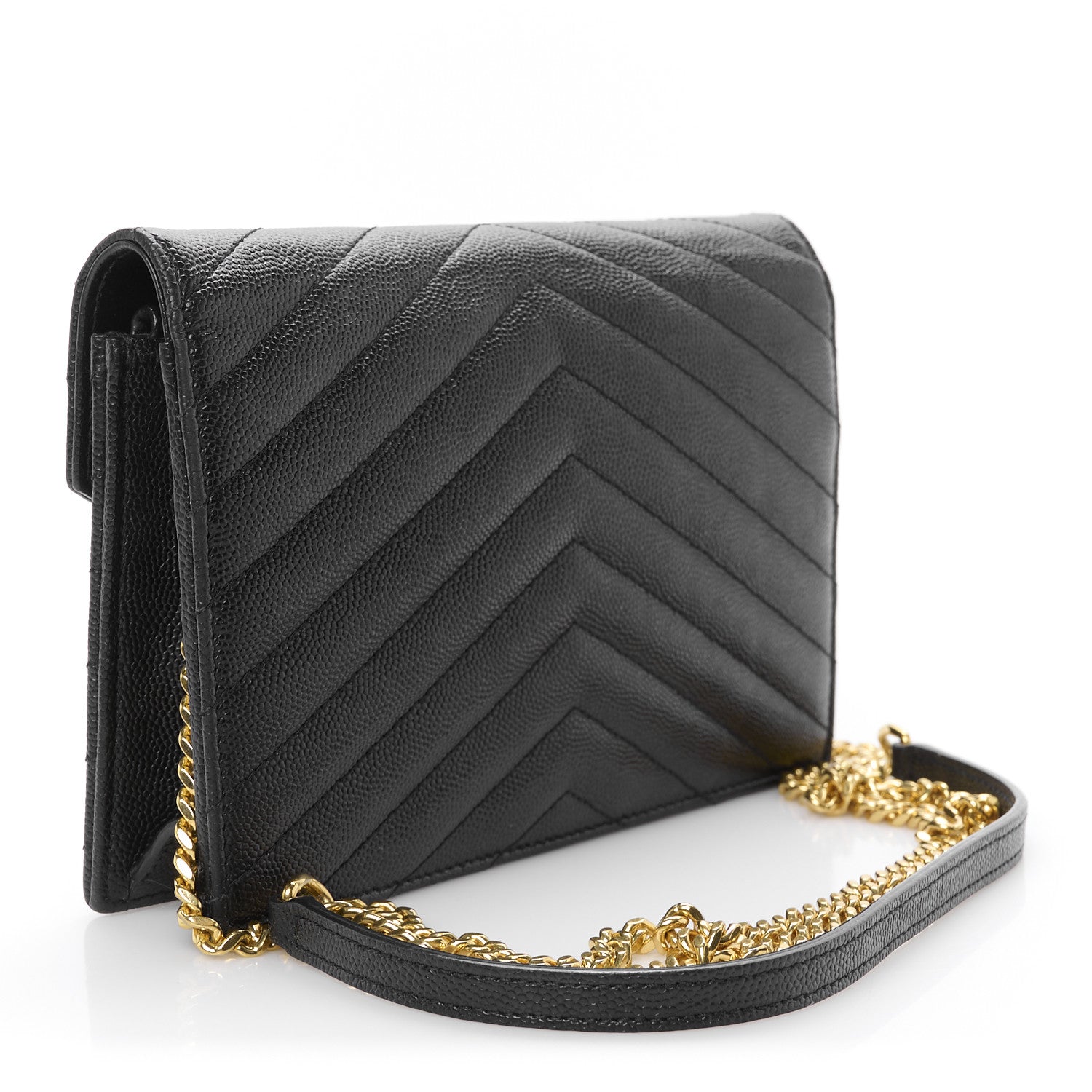 Saint Laurent Grain De Poudre Matelasse Chevron Monogram Envelope Chain Wallet Black 3 of 11