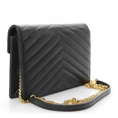 Saint Laurent Grain De Poudre Matelasse Chevron Monogram Envelope Chain Wallet Black 3 of 11