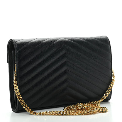 Saint Laurent Grain De Poudre Matelasse Chevron Monogram Chain Wallet Black 3 of 9
