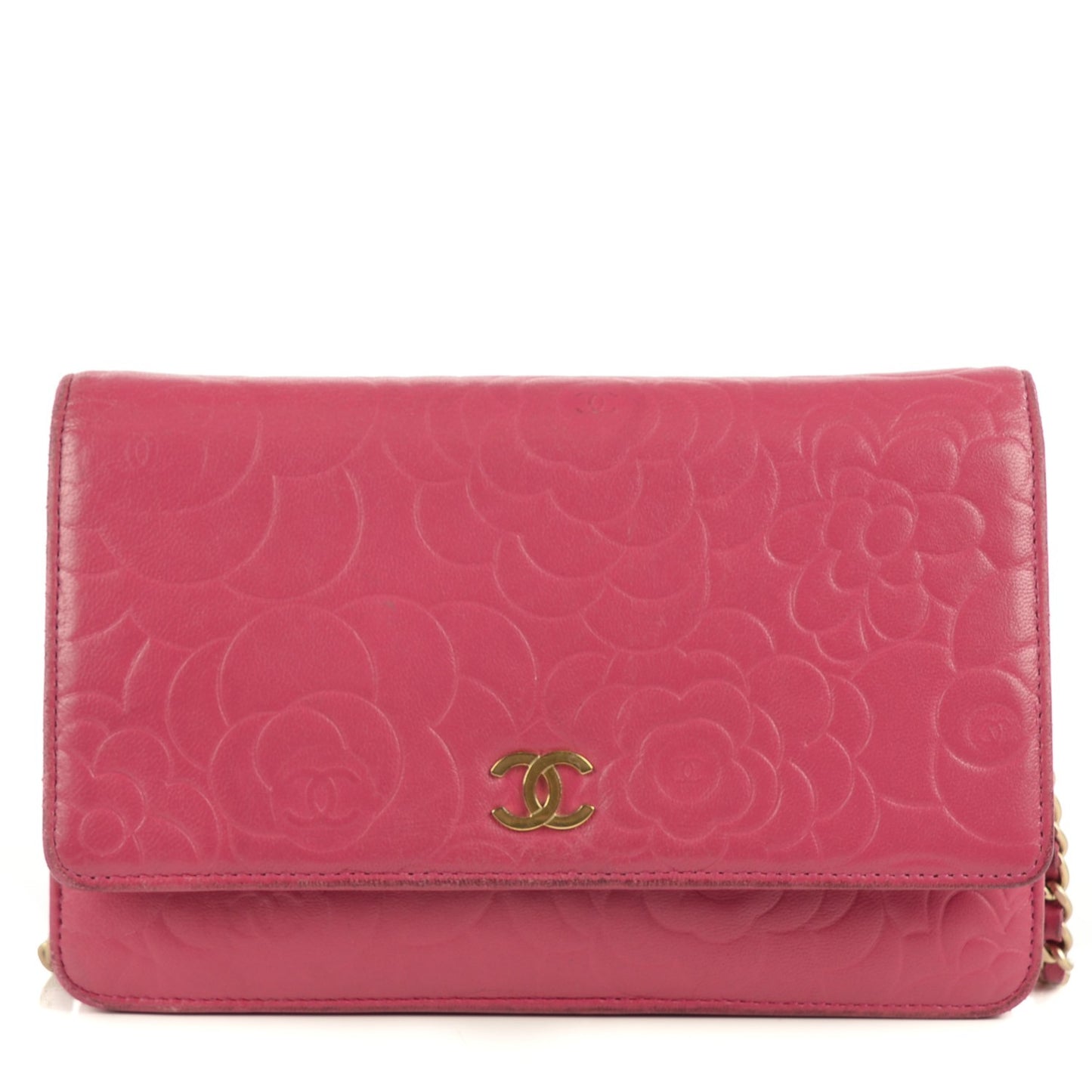 Lambskin Camellia Embossed Wallet On Chain WOC Pink