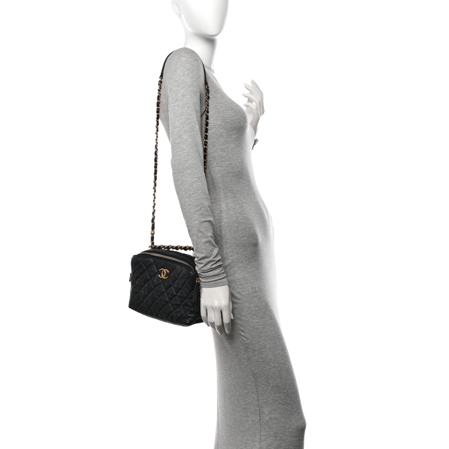 Calfskin Quilted Small Bowling Bag Black
