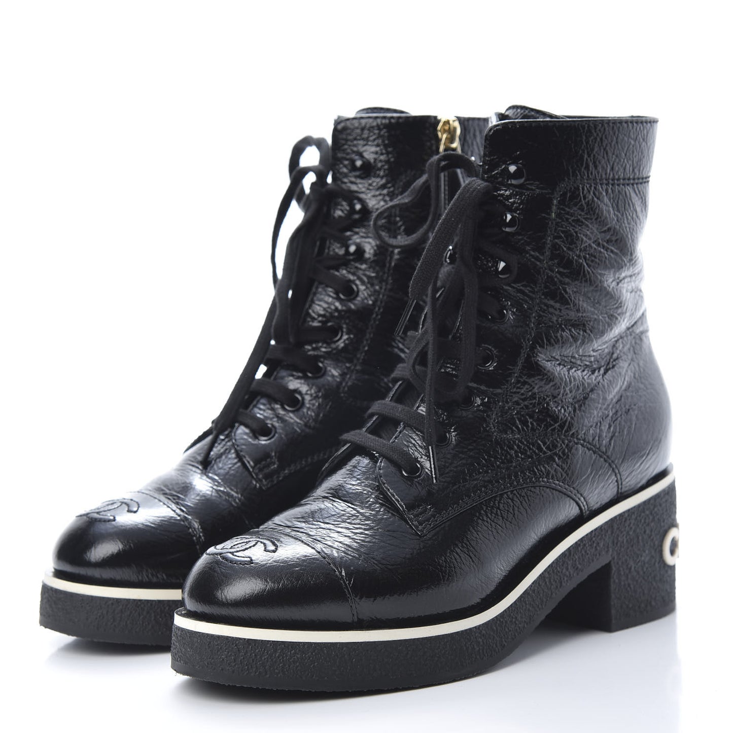 Shiny Crumpled Lambskin Cap Toe CC Lace Up Boots 37 Black