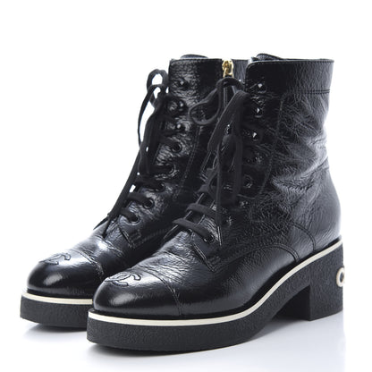 Chanel Shiny Crumpled Lambskin Cap Toe CC Lace Up Boots 37 Black 3 of 9