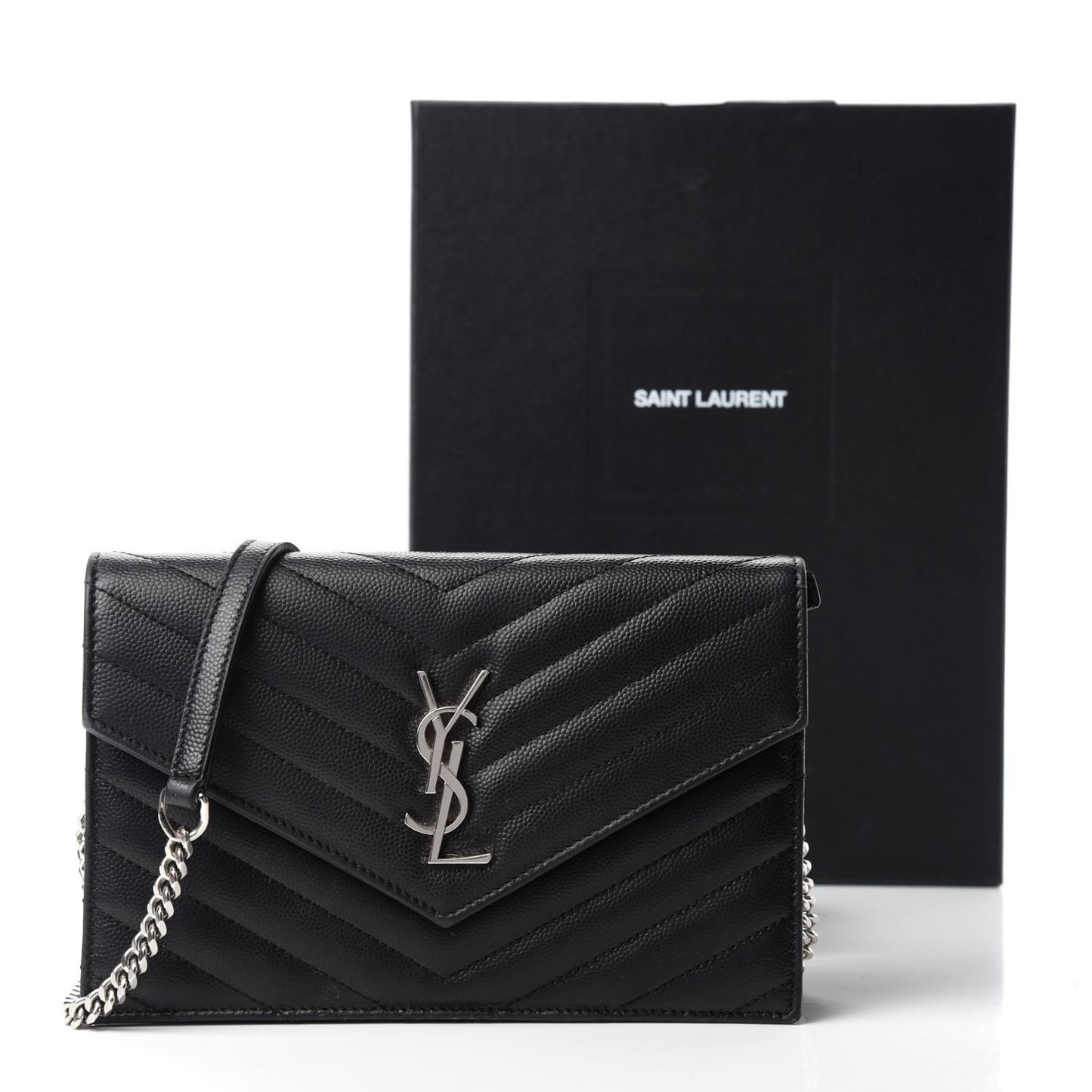 Grain De Poudre Matelasse Chevron Monogram Envelope Chain Wallet Black