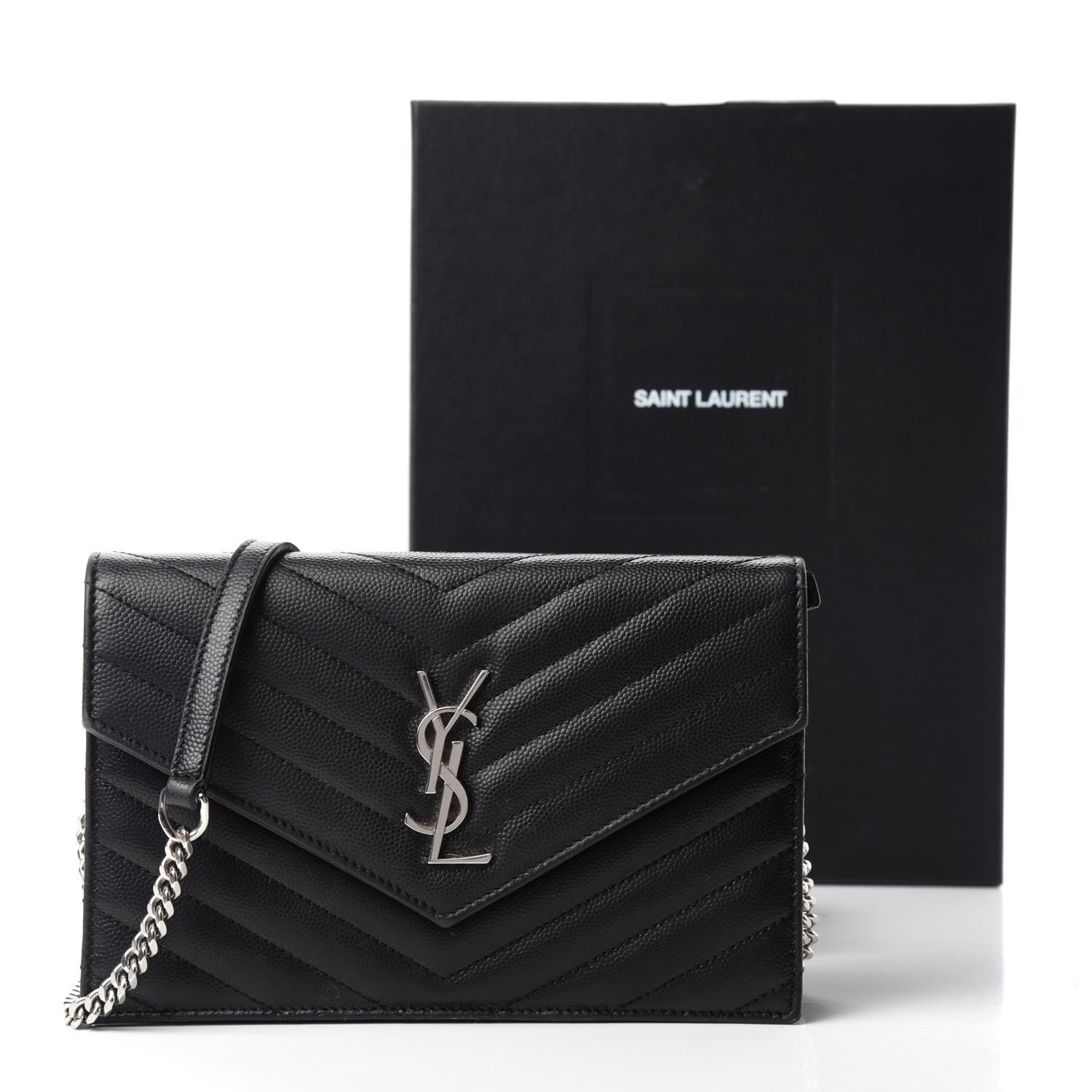 Saint Laurent Grain De Poudre Matelasse Chevron Monogram Envelope Chain Wallet Black 11 of 11