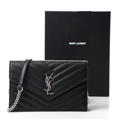 Saint Laurent Grain De Poudre Matelasse Chevron Monogram Envelope Chain Wallet Black 11 of 11