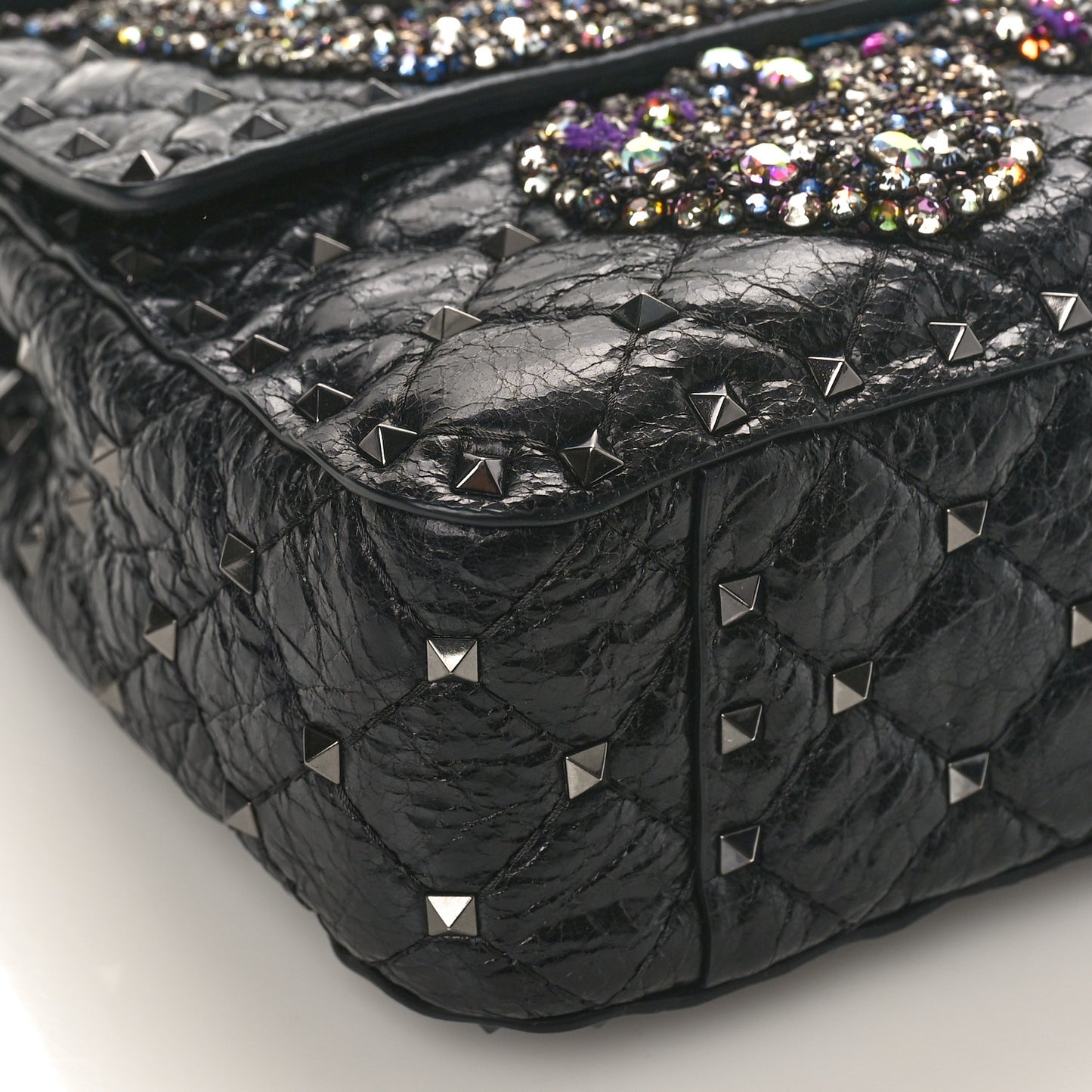 Craquele Nappa Butterfly Crystal Medium Rockstud Spike Shoulder Bag Black