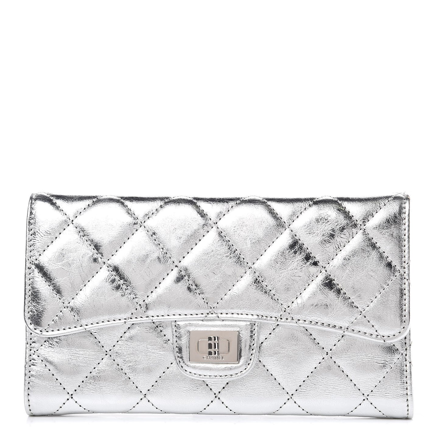 Metallic Aged Calfskin Quilted Reissue Long Flap Wallet Light Silver