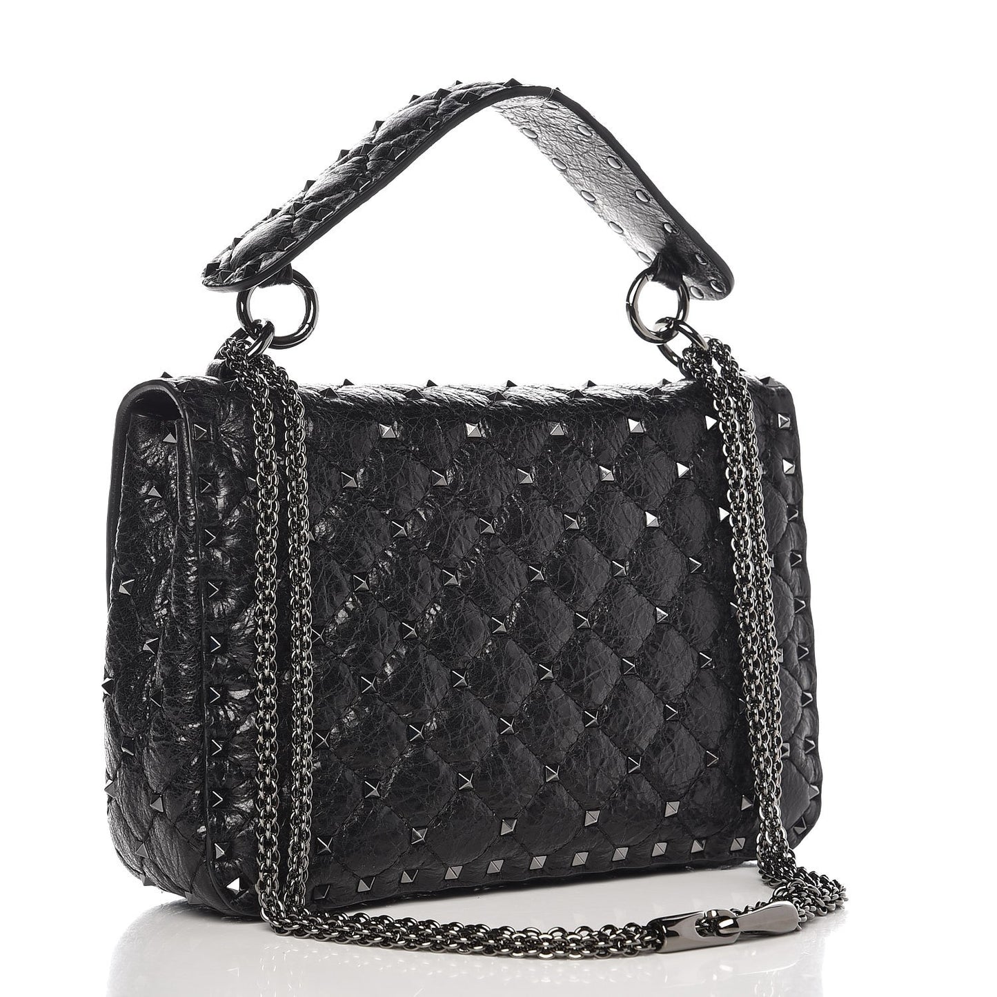Craquele Nappa Medium Rockstud Spike Shoulder Bag Black