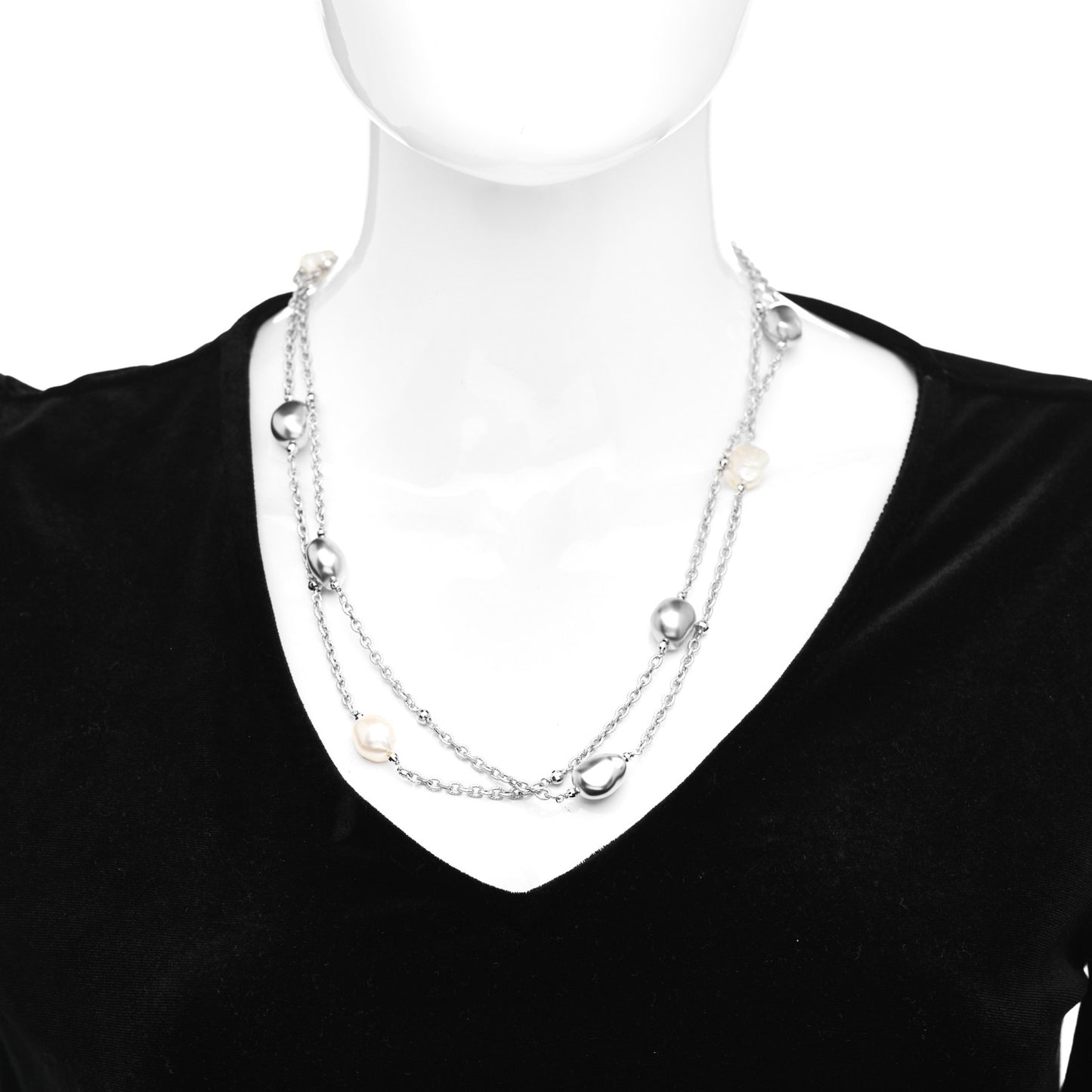 18K White Gold Baroque Pearl Nugget Station Necklace