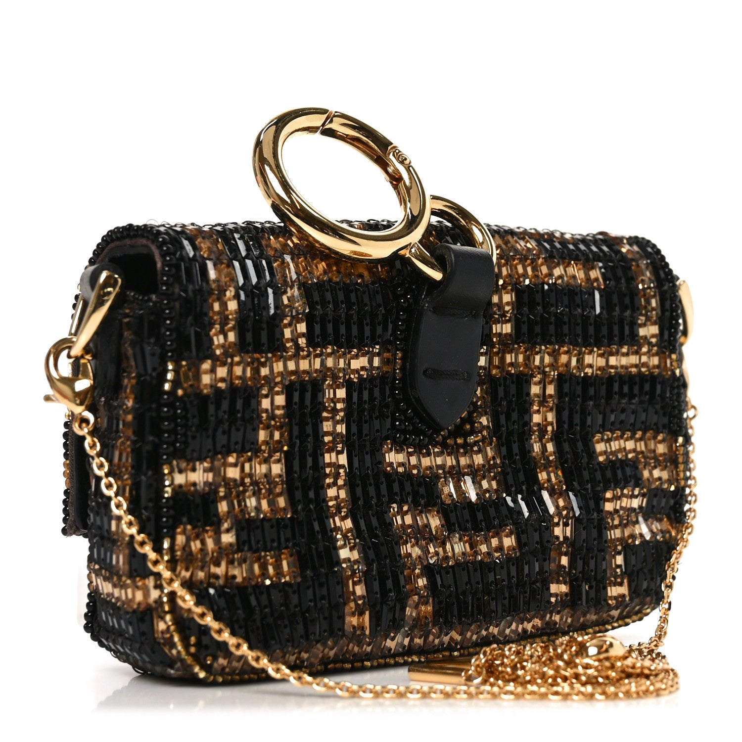 Fendi Crystal Vitello King FF Beaded Nano Maxi Buckle Baguette