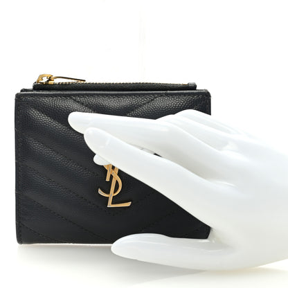 Saint Laurent Grain De Poudre Matelasse Chevron Monogram Zipped Card Case Dark Smog 2 of 6
