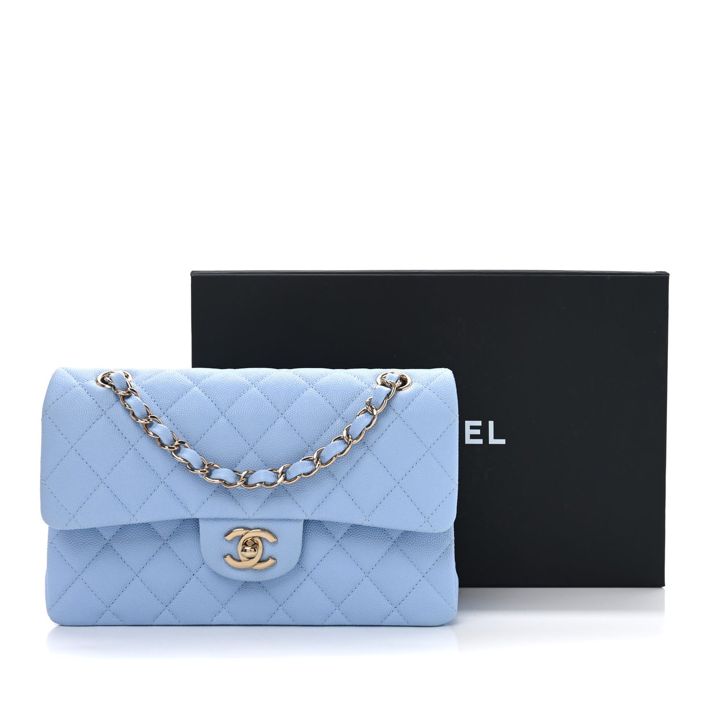 Caviar Quilted Small Double Flap Light Blue
