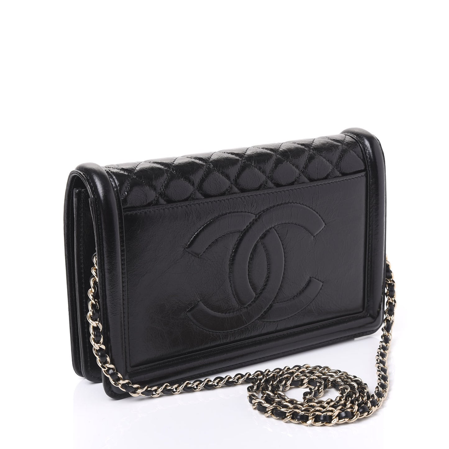 Glazed Crackled Calfskin Wallet On Chain WOC Black
